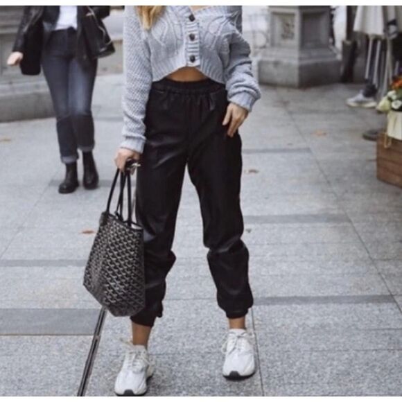 Zara EUC Faux Leather Black Perforated Jogger Pants Joggers Size L